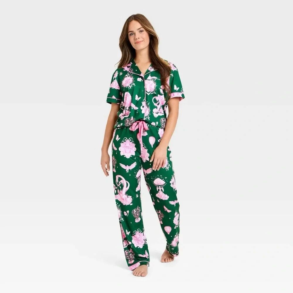 Katie Kime XXL Universal Wicked Two Piece Short Sleeve Pajama Set Green Pink